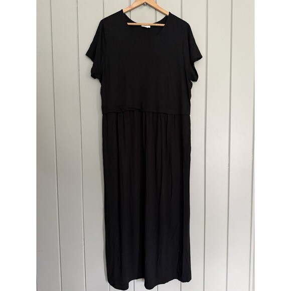 J. Jill Maxi Dress XL Black Short Sleeves Stretch Jersey Knit Rayon Spandex - Picture 1 of 5
